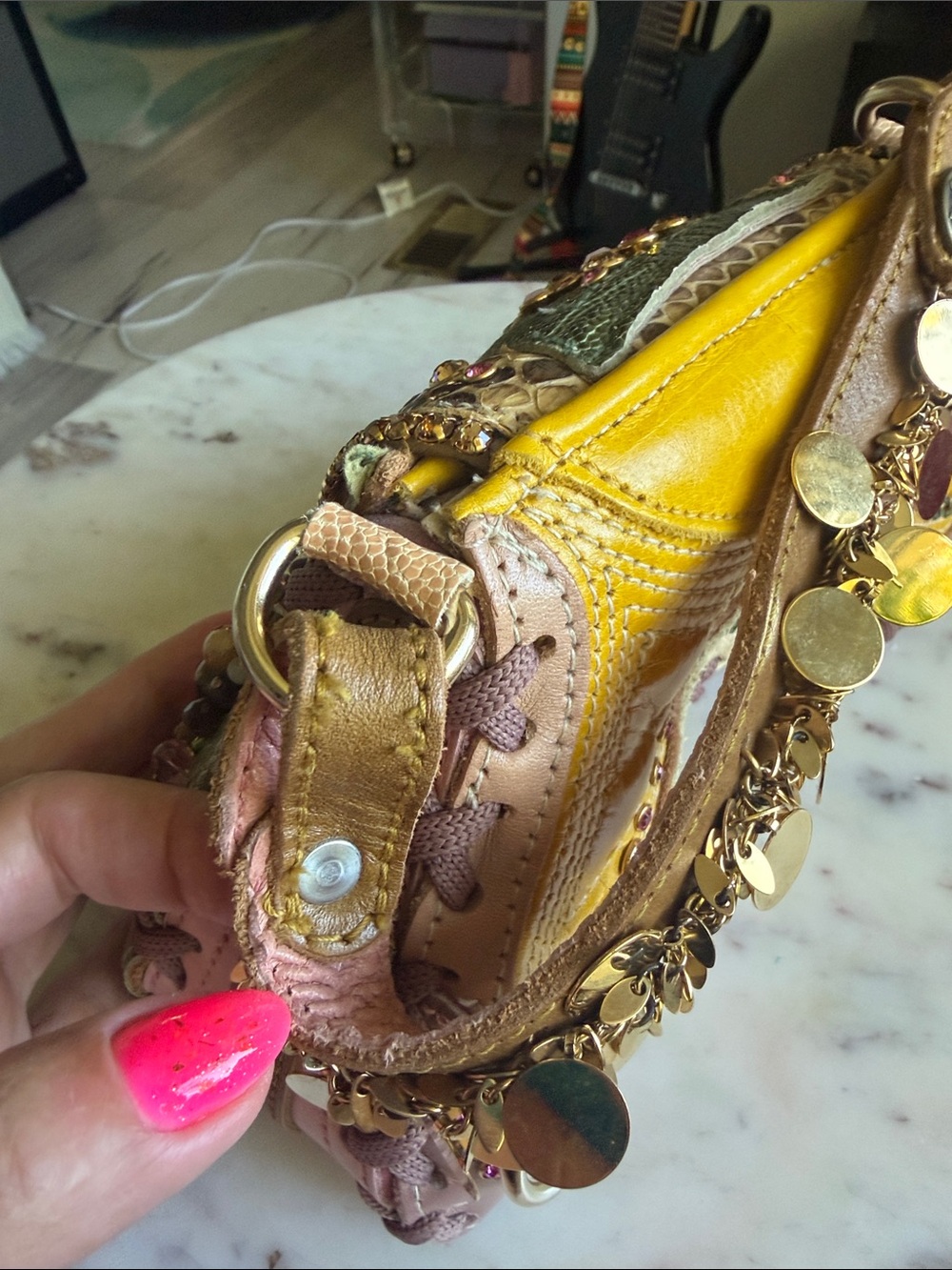 Beaded Mini Shoulder Bag in Green, Yellow and Pink - Picture 5 of 8